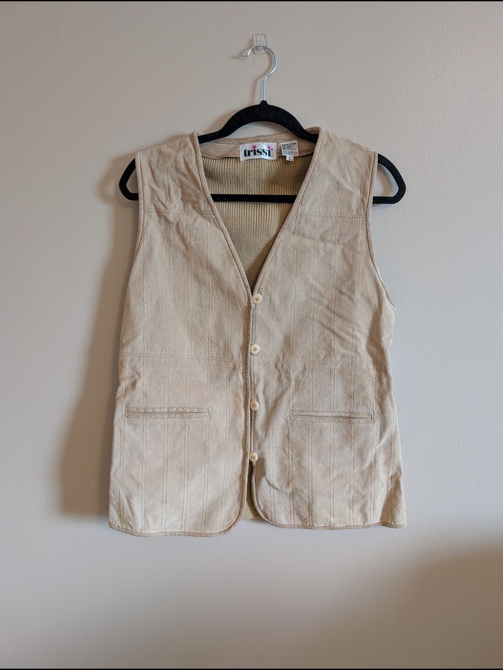 Trissi Genuine Leather Vintage Cream Button-Front Vest